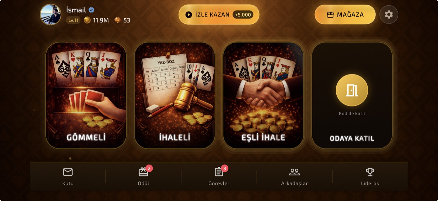 Royal Batak uygulamasının ana ekranı: Gömmeli, İhaleli ve Eşli oyun modları